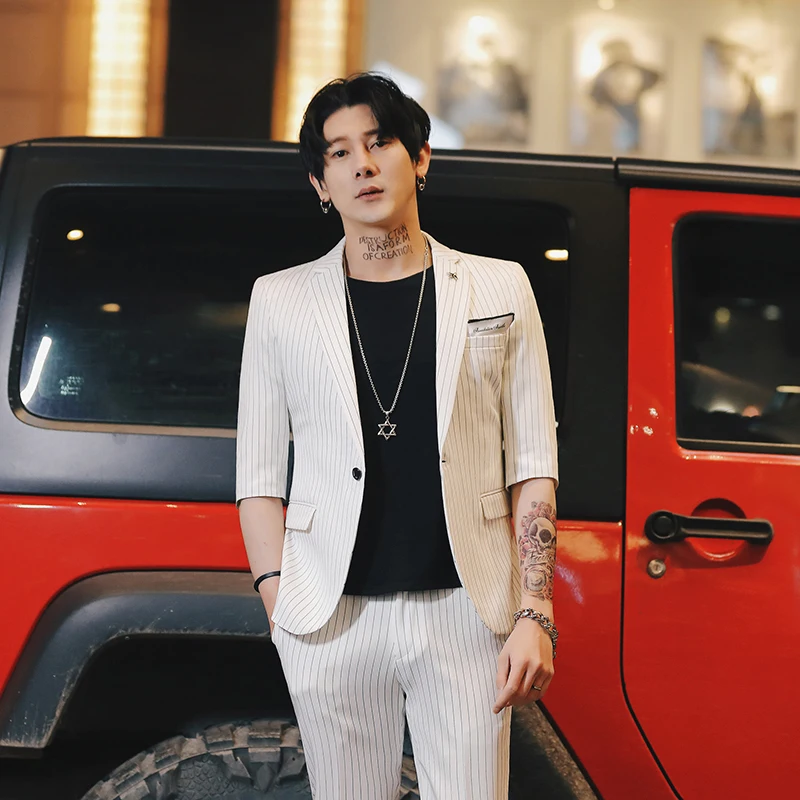 

2020 Spring And Summer New Korean Men's Suits Five-point Sleeves Suit Nine Points Pants Striped Hair Stylist Suit + Pants