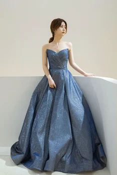 

Blue Green Starry Blingbling Fabric A-Line Floor-Length V-Neckline Strapless Evening Dress Women Wedding Party Formal Dresses