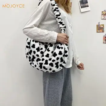 

Fashion Pleated Plush Crossbody Bags Women Ladies Dumplings Cow Printed Shoulder Messenger Handbag Travel Daily Pouch