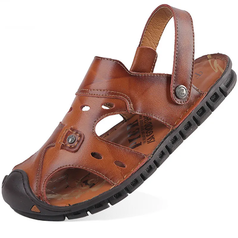 

Breathable Leather Summer Beach Sandals For Men Rubber Outsole Fisherman Leisure Shoes Men Leisure Beach Shoes Soft Bottom 38-48
