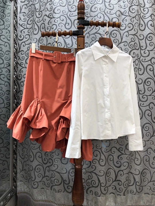 Early autumn new style women's Lapel long sleeve shirt jacket+ lotus leaf edge stitching half skirt suit 1006