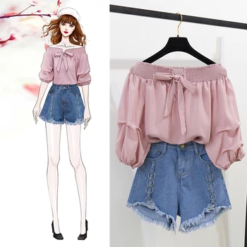 

Summer New Off Shoulder Loose Half Lantern Sleeve Solid Cute Blouse Jean Shorts Two-Piece Outfit Casual Sets