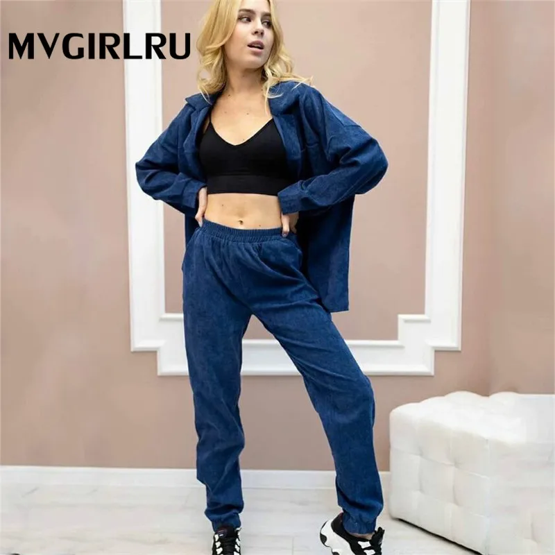 Best Seller Two-Piece Suit Elastic MVGIRLRU Jacket Trousers Women's Lapel Corduroy High-Waist mmQKMO9bmVY