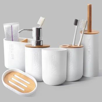 

6Pcs Bamboo Bathroom Set Toilet Brush Toothbrush Holder Cup Soap holder emulsion Dispenser container Bathroom Accessories