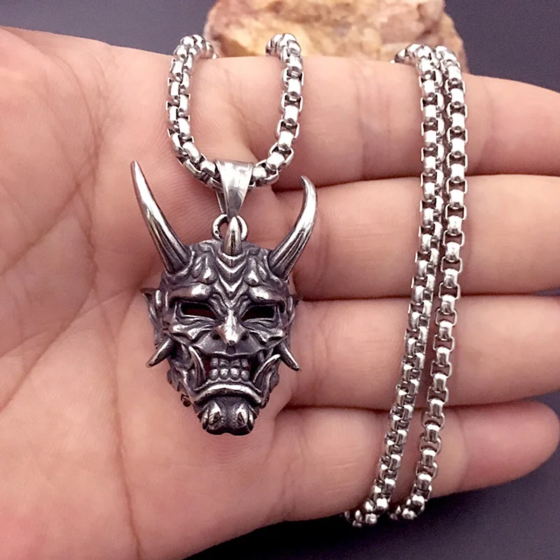 Retro Japanese Prajina Ghost Mask Pendant Necklace For Men Fashion Stainless Steel Biker Punk Hip Hop Gothic Jewelry | Украшения и
