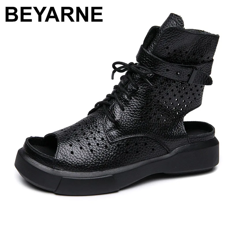 

BEYARNE 2020 Fashion Ladies Sandals Hollow Out Gladiator Sandals Women Flats Open Toe Genuine Leather Summer Cool Boots