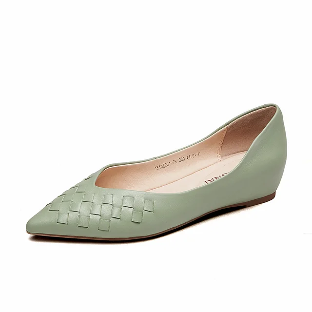 KANGNAI Women Shoes Genuine Leather Fashion Comfortable Square Toe Shallow Flats fruit green