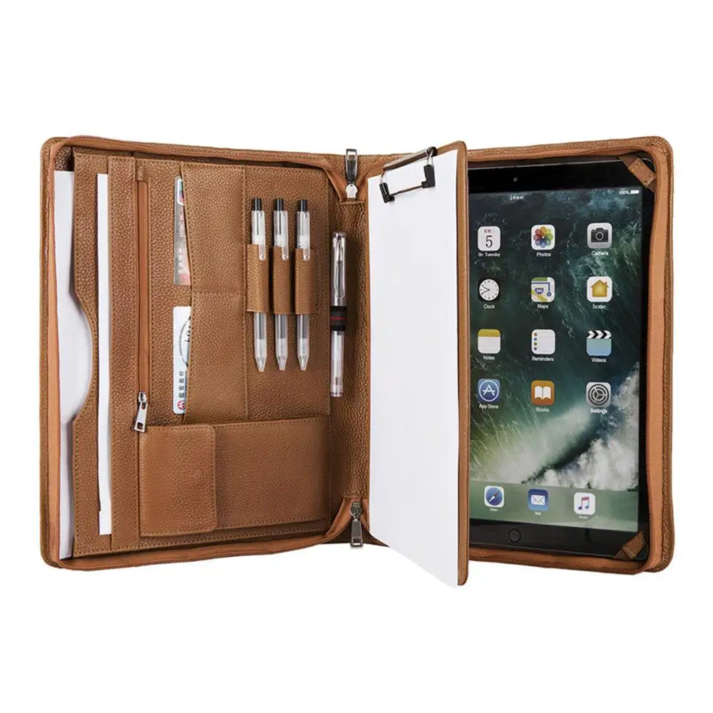

Handmade Genuine Leather Padfolio Portfolio Case, Personalized Business A4 Size Conference Folder with Clipboard - Brown