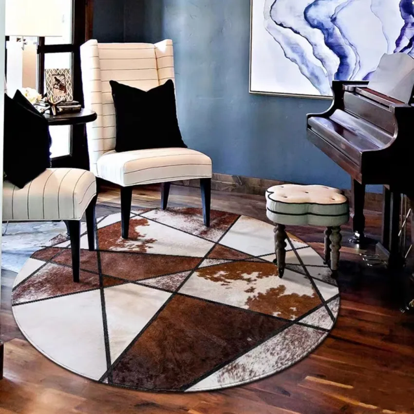 

American style Round shaped genuine cowhide skin fur patchwork rug, Decoration real leather handmade customized villa carpet