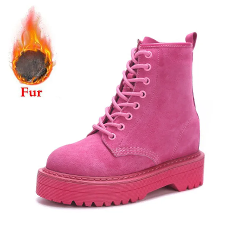 Осенне-зимние ботинки на платформе и толстом каблуке; модные кожаные ботинки на меху с круглым носком на шнуровке; женская обувь; женские ботинки; ботильоны; botas mujer - Цвет: pink with fur
