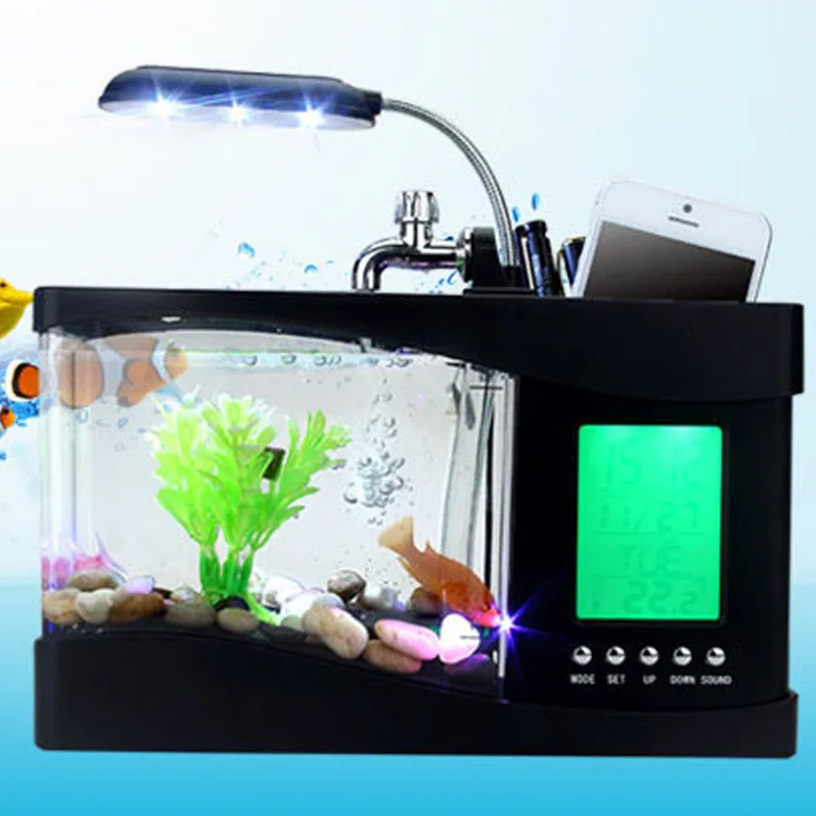 USB-powered mini Креативный экзотический аквариум домашняя посуда ручка-календарь цифровой календарь время будильник светодиодный настольная лампа
