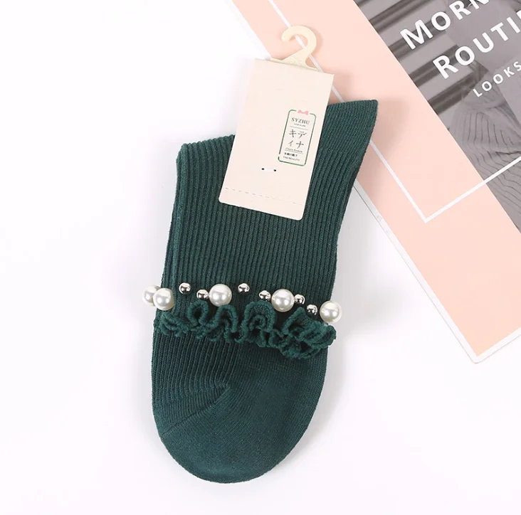 Корейские креативные Японские Женские носки с жемчужинами, хлопковые носки с двойной иглой средней длины - Цвет: Dark green socks