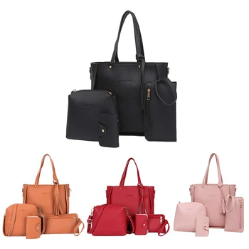

Women Fashion Handbag Shoulder Bag Purse Leather Tote Bag 4 Pieces (Pink)