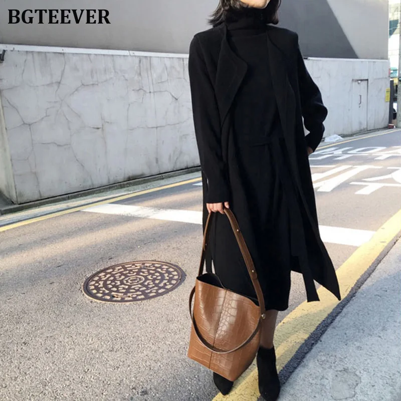 Baratos Vestido de Jersey para mujer, cuello alto, manga completa, fajas, Vestidos de punto para mujer, de longitud media, suelto, Vestido de punto para mujer, Otoño Invierno 2019