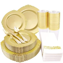 Vajilla desechable de plástico barroca, juego combinado de vajilla, vasos y servilletas de plástico, decoraciones para fiesta de cumpleaños y boda, 70 Uds.