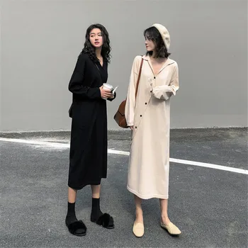 

2020 Spring New Women Long Sleeve V Neck Slouchy Knitted Dress Korean Casual Straight Solid Long Party Dress Woman Clothes D717