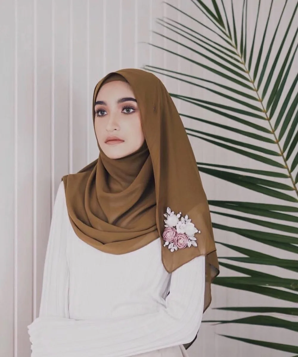 Dubai Arabia Woman hijab Solid Color Chiffon embroidery Popular Shawls Scarf Headband Muslim Turban abaya Diamonds (3)