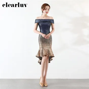 

Prom Dress Sequins Contract Color Vestidos De Gala DX328-3 2020 Plus Size Elegant Party Gown New Short Front Long Back Prom Gown