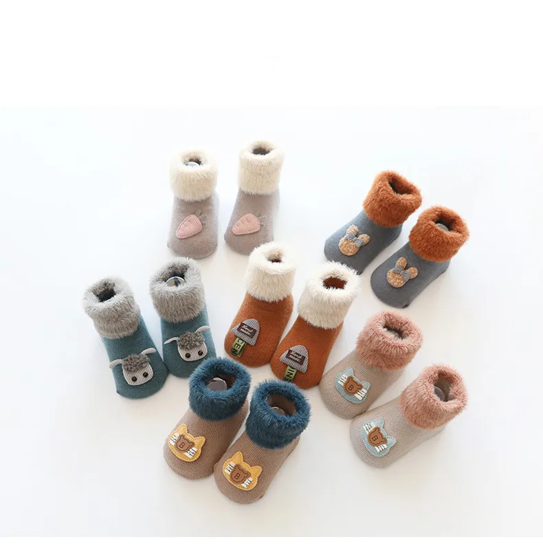 Boxed 2 pairs winter new children's socks thick warm baby socks plastic non-slip newborn floor socks