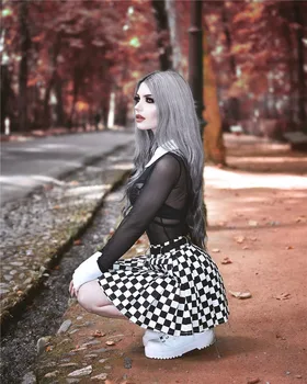 

Gothic Streetwear Two Piece Set Women Transparent Mesh Bodysuit & Checkerboard Plaid Mini Skirt 2 Pieces Set Summer Women Sets
