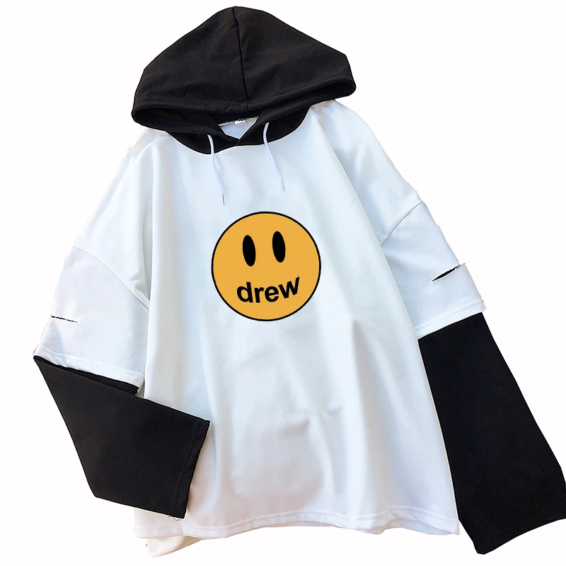 Женские толстовки с капюшоном со смайликом Kawaii Drew, модные толстовки с заниженным плечом, повседневная женская уличная одежда для осени и зимы
