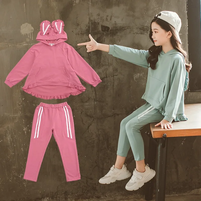 

Spring And Autumn Set 2019 New Style Girls Rabbit Eared Hoodie Two-Piece Set Children Long Sleeve Sports Set Autumn Clothing