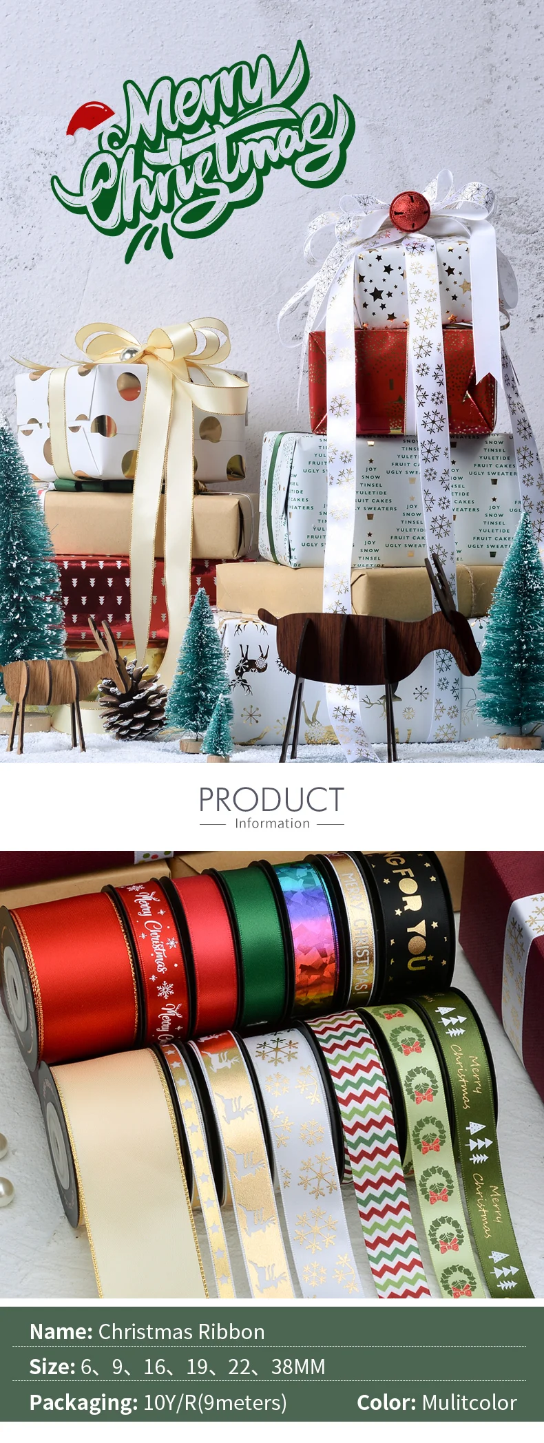YAMA Christmas Ribbon 10yards/roll 6mm 9mm 16mm 19mm 22mm 38mm Multi-style Optional for Xmas DIY Decoration Crafts
