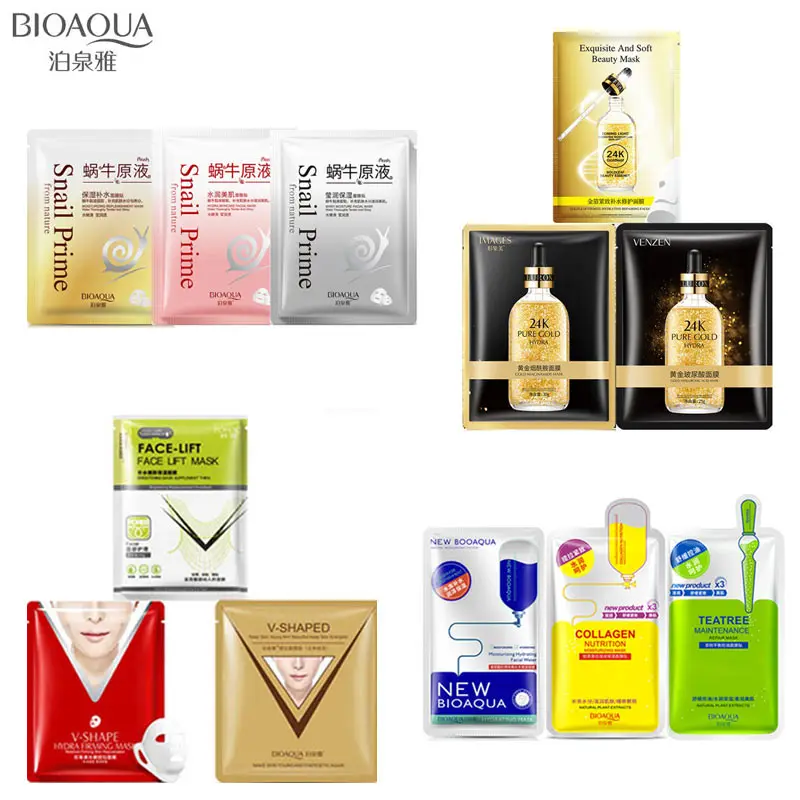 

12Pcs BIOAQUA 24K gold face masks snail hyaluronic acid Moisturizing Anti-Aging facial mask v shape Hang ear type skin care