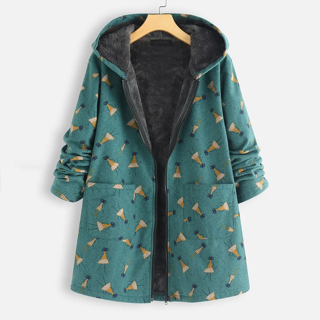 JAYCOSIN Winter Women Hooded Jacket Vintage Warm Printed Pockets Thicker Zipper Outwear Jacket Winter Ladies Jacket