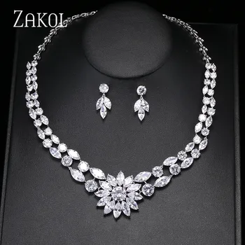 

ZAKOL High Quality Cubic Zirconia Necklace Earrings Jewelry Set Classic Flower Zircon Ladies Engagement Party Jewelry FSSP333