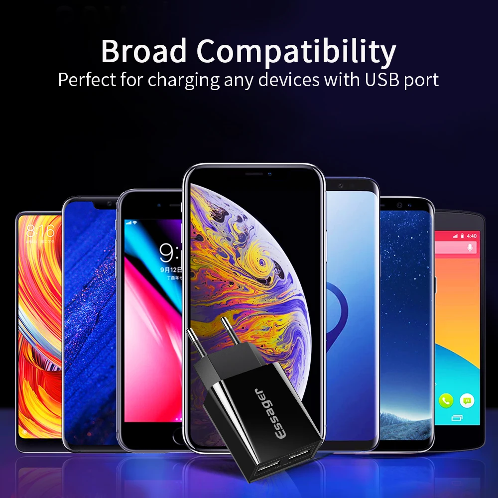 Зарядное устройство Essager с двумя usb-портами для быстрой зарядки, настенное зарядное устройство для iPhone, samsung, Xiaomi Mi, адаптер с европейской вилкой, портативное зарядное устройство для мобильного телефона