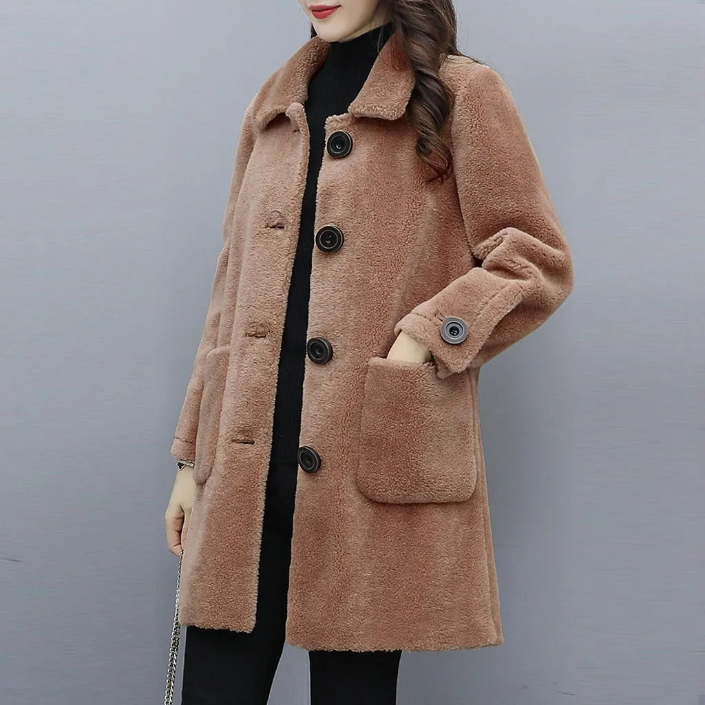 Женское пальто из искусственного меха на пуговицах средней длины размера плюс, флисовое пальто с длинным рукавом, свободная однотонная кашемировая верхняя одежда W1108