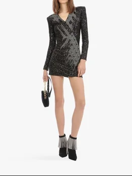 

Black Bodycon Dress Top Quality Sexy Long SLeeve V-Neck Vintage Night CLub Beading Celebrity Cockail Party Dress