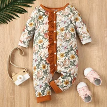 Baby Clothes Spring Fall Baby Girl Rompers Floral Print Ruffles Single Breasted Long Sleeve Baby Rompers Baby Jumpsuits 0 18M