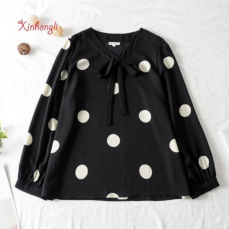 Plus size black white Dots chiffon women loose blouse 2020 NEW summer autumn bow v-neck shirts female tops | Женская одежда