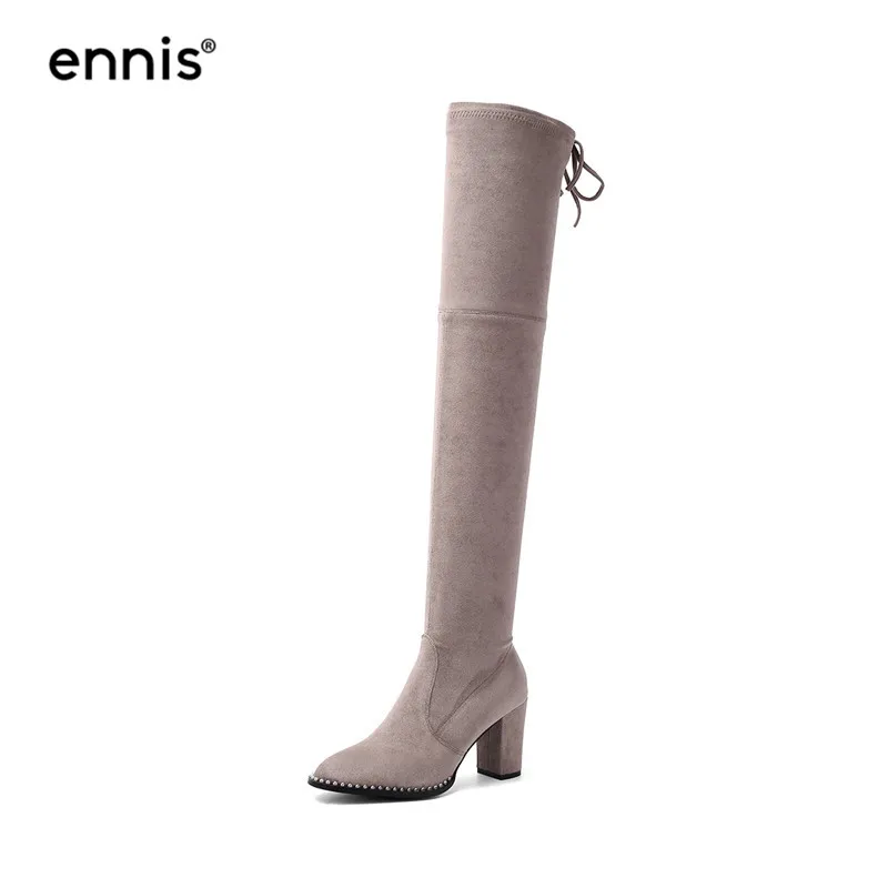 Khaki Plush Inside ENNIS Women Over The Knee Boots Pointed Toe Winter Boots High Heel Knee High Boots Slim Fit Autumn Flock Shoes Fashion L934 - Цвет: Khaki Plush Inside