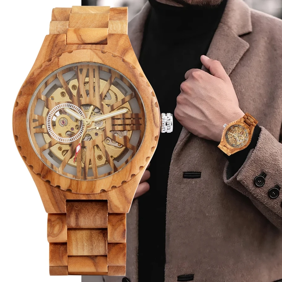 Cherry Wood Mens Watches Retro Hollow Skeleton Dial Automatic Mechanical Wood Clock Adjustable Wooden Bracelet Mens Wristwatch_voghion.com