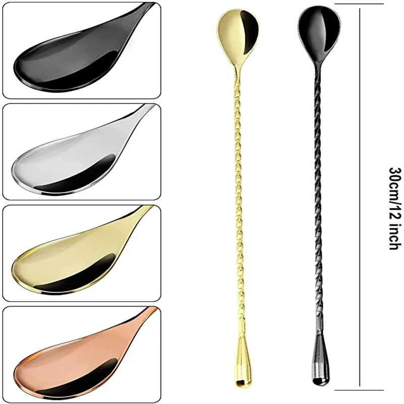 

Cocktail Spoon Bar Stirring Spoon Long Handle Stainless Steel Spiral Pattern Mixing Shaker Spoon, 12 Inch, 4 Colors Bar Tools
