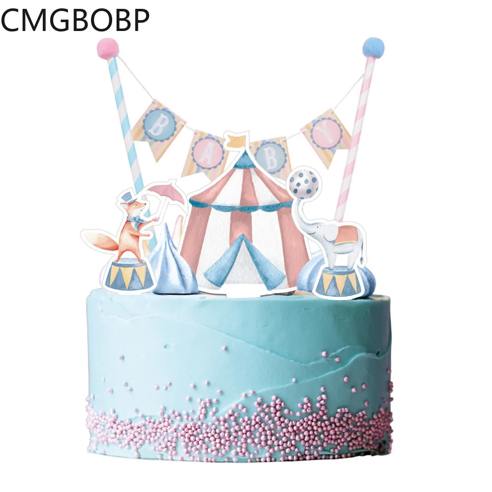 4 Buah Set Circus Baby Shower Kue Dekorasi Bunting Kit Topper Kue Laki Laki Anak Perempuan Gajah Fox Hewan Tenda Ulang Tahun Pertama Perlengkapan Dekorasi Cake Aliexpress
