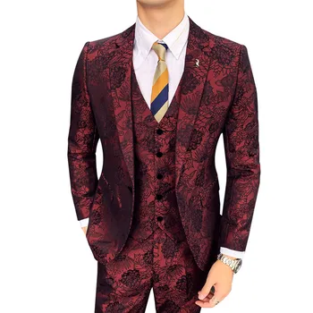 

Men's Suit British style fashion floral print Slim blazer High-end groom banquet wedding dress 3 piece jacket + pants + vest