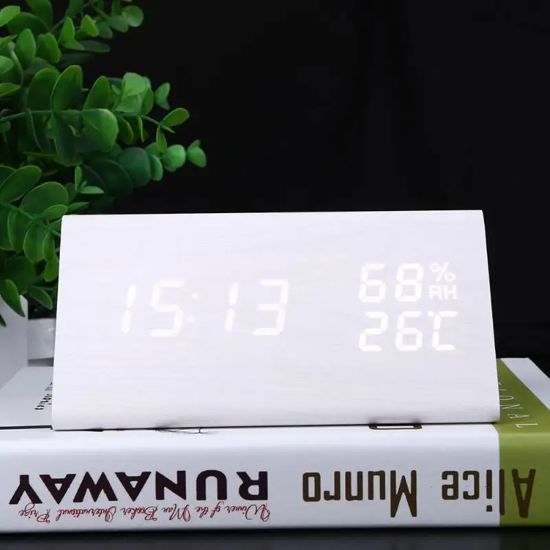 Светодиодный Будильник со звуковым управлением, термометр, таймер, календарь, температурный дисплей, интеллектуальная индукция, USB, деревянные часы, домашний декор