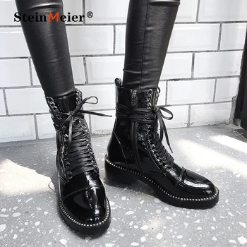

Women Genuine Leather Ankle Boots Round Toe Lace Up Black Platform Riding Boots Warm Winter Nigh Club Punk Shoes Woman Shoes