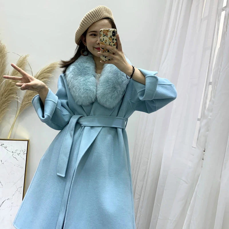 Зимняя куртка женская шуба из натурального меха лисы воротник Толстая теплая кашемировая шерсть комбинированная верхняя одежда Повседневный Пояс уличная
