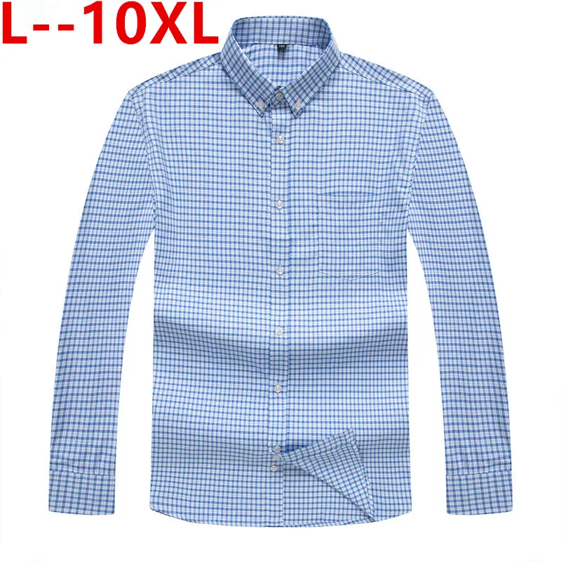 Синий 10XL 8XL 6XL мужской Клетчатый плед Оксфорд рубашка на пуговицах нагрудный карман умный Повседневный Классический контрастный Стандартный-подходит с длинным рукавом - Цвет: Синий