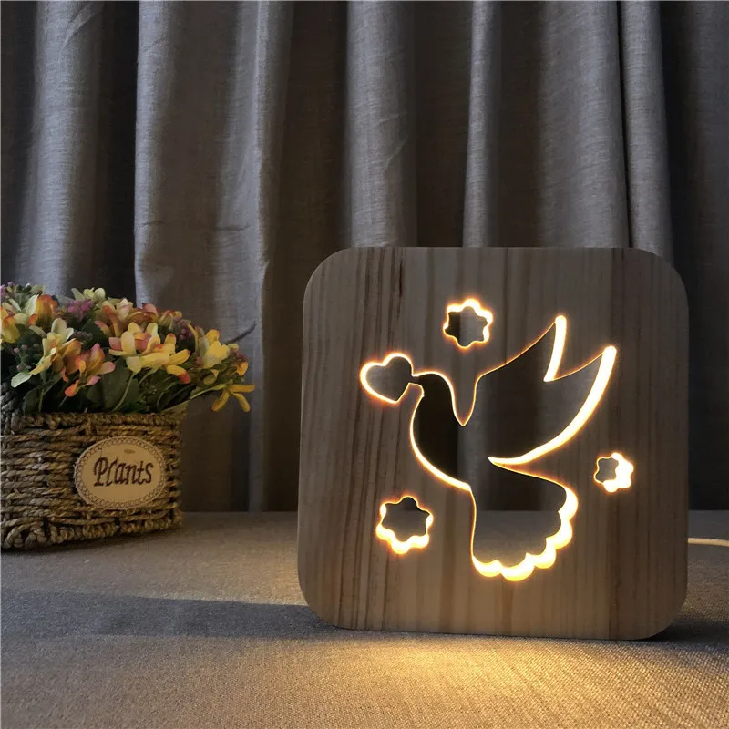 Голубь мира деревянный полый светодиодный ночник птица 3D USB спальня гостиная настольная лампа твердая древесина сосны ажурная небольшая