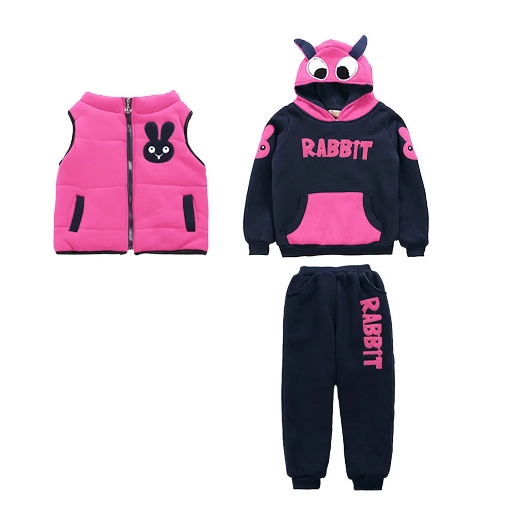 Hot Pink Комплект детской одежды, комплект одежды для девочек, детская зимняя теплая куртка с капюшоном и надписью для девочек, жилет, толстовка, штаны - Цвет: Hot Pink