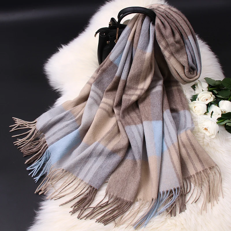 Winter Wool Scarf Women Plaid Bufanda Shawl Wrap Lattice Pashmina 100% Wool Foulard Femme Warm Cashmere Scarves Ladies Echarpe