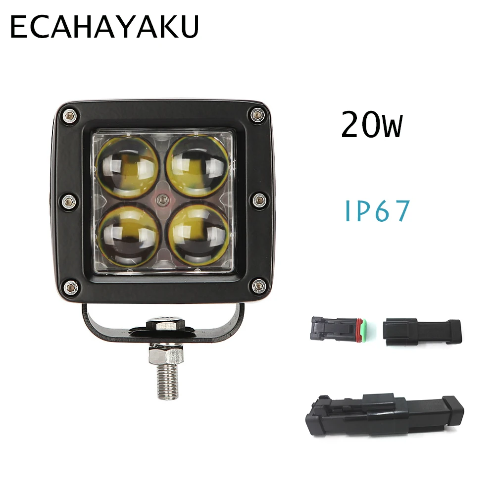 ECAHAYAKU 1 шт. 3 дюйма кубики 20 Вт IP67 Светодиодный рабочий свет с DT вилкой светодиодный противотуманный фонарь дистанционный луч светодиодный рабочий свет для SUV ATV лодки