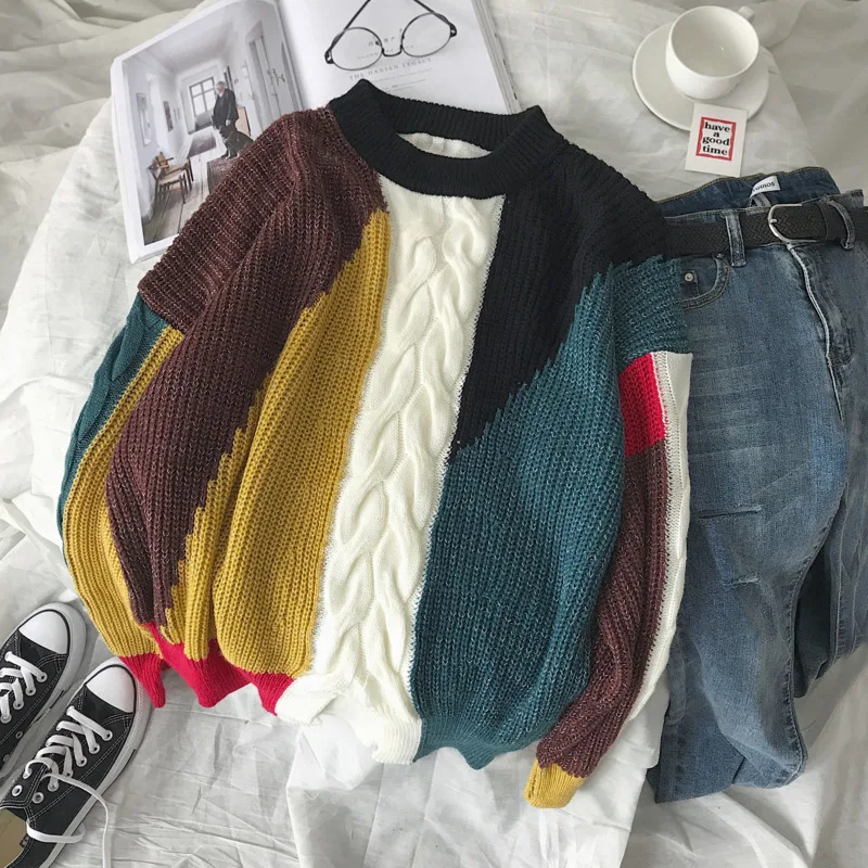 UYUK2019 Autumn And Winter Models Trend Street Loose Casual Multicolor Stitching Contrast Color Men's Round Neck Sweaters UYUK2019 Autumn And Winter Models Trend Street Loose Casual Multicolor Stitching Contrast Color Men's Round Neck Sweaters