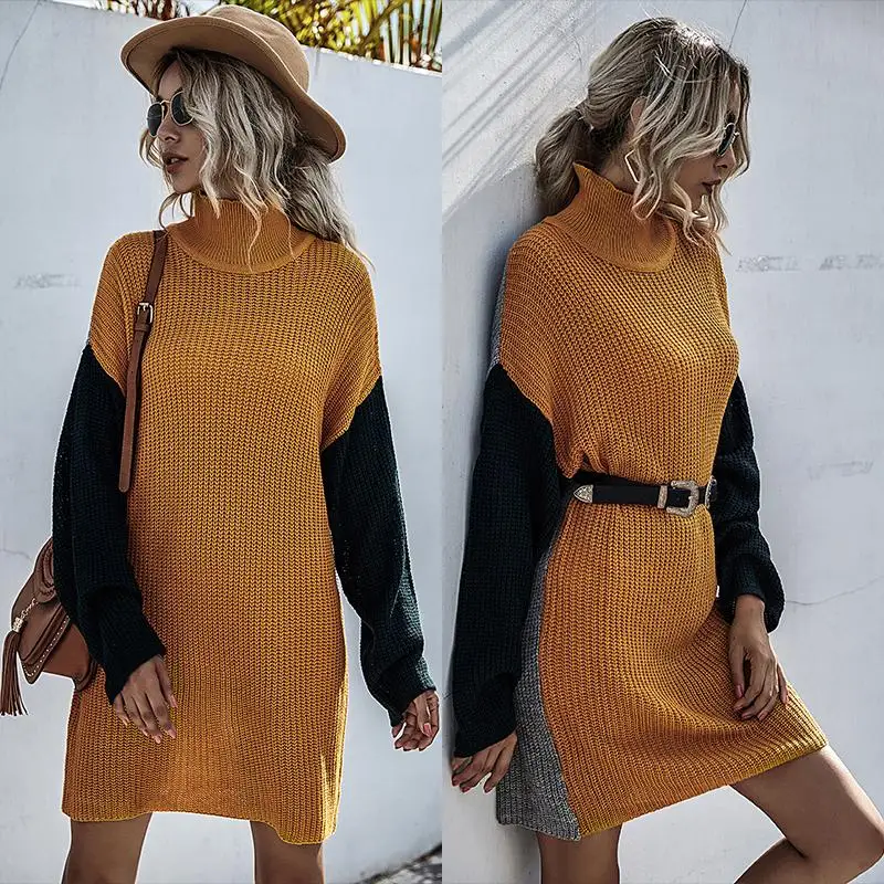 

Pullover women's stitching new casual hit color mid-length sweater skirt women's autumn and winter slim high neck sweater